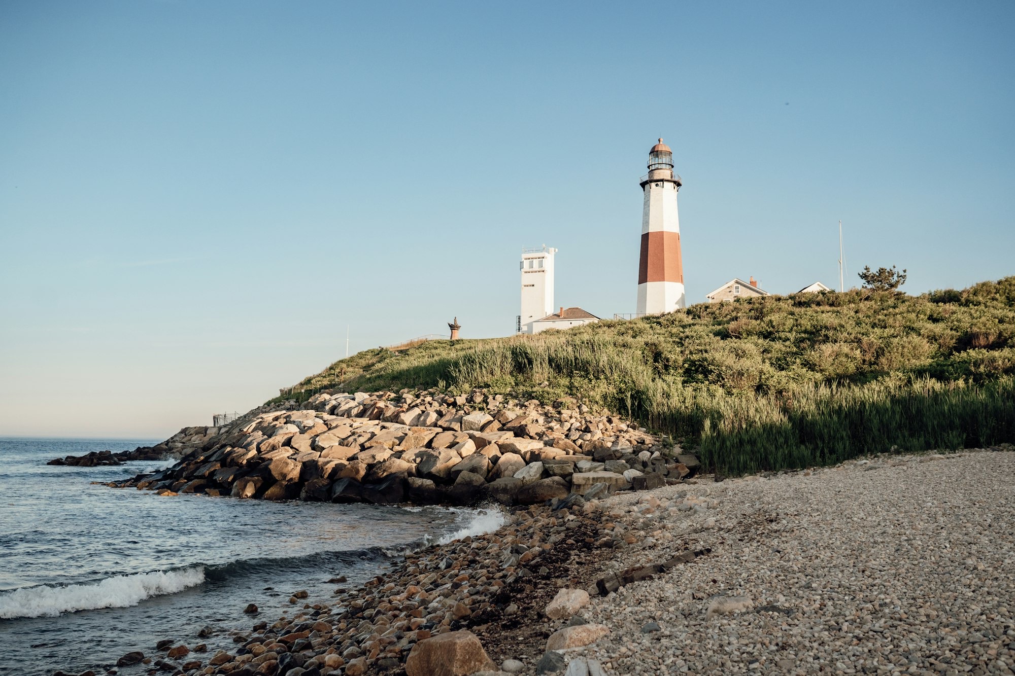 Montauk Point Lighthouse on the Long Island coast at golden hour